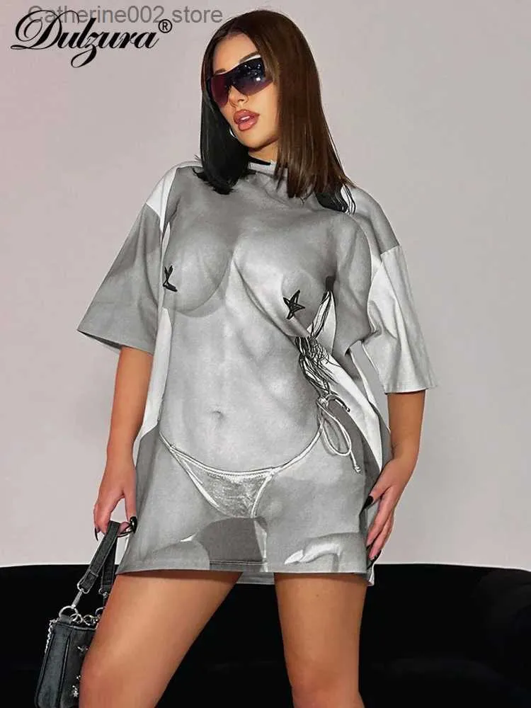女性のTシャツDulzuraプリントボディOネックルースTシャツドロップシッピング卸売2023夏Y2KストリートウェアバースデーパーティーセクシークラブT231024