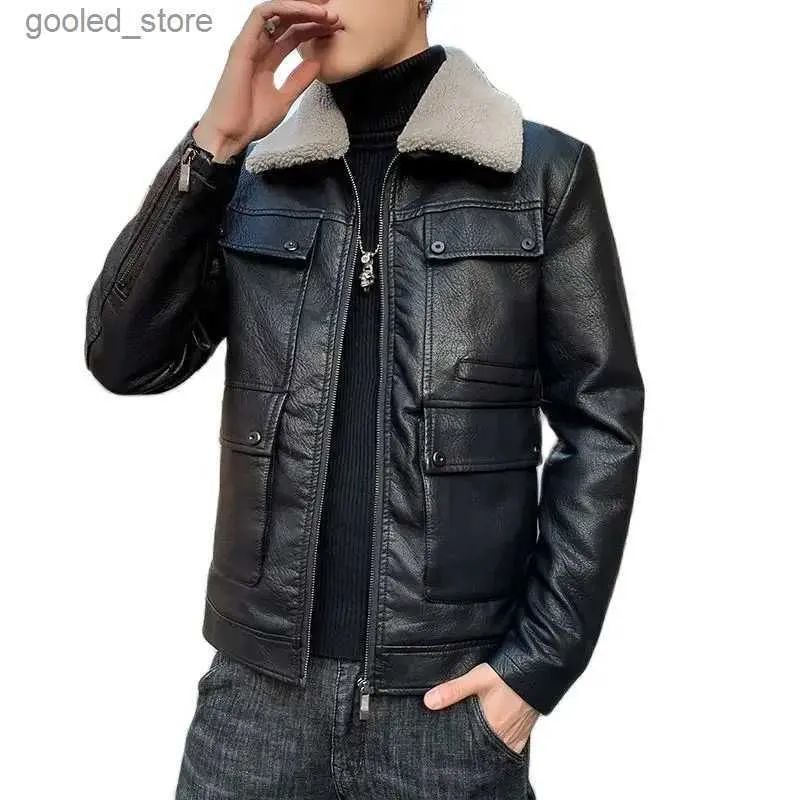 Men's Down Parkas S-4XL New Fleece Thickening Solid Color All-match Korean Style Slim Fit Leisure Handsome Leather Jacket Men's Leather Jackets Q231024