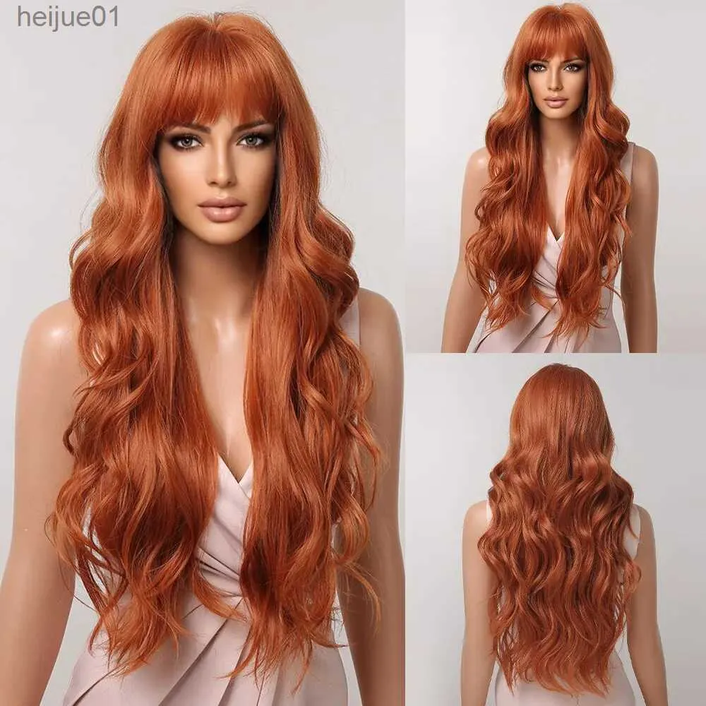 Synthetic Wigs Ginger Curly Synthetic Wigs for Women Long Natural Wavy Orange Wigs with Flat Bangs Colorful Party Heat Resistant WigL231024