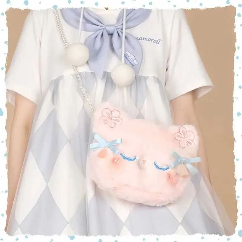 Jiaerdi Kawaii Cat Plush Crossbody Bag Japonés Piel Suave Bordado Lolita Bolsa Señoras Harajuku Lindo Pink Messenger 220923