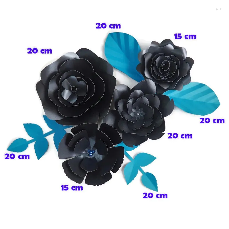 Fleurs décoratives bricolage papier géant Rose artificielle Fleurs Artificielles toile de fond 4 pièces 4 feuilles décor de fête de mariage pépinière noir pailleté