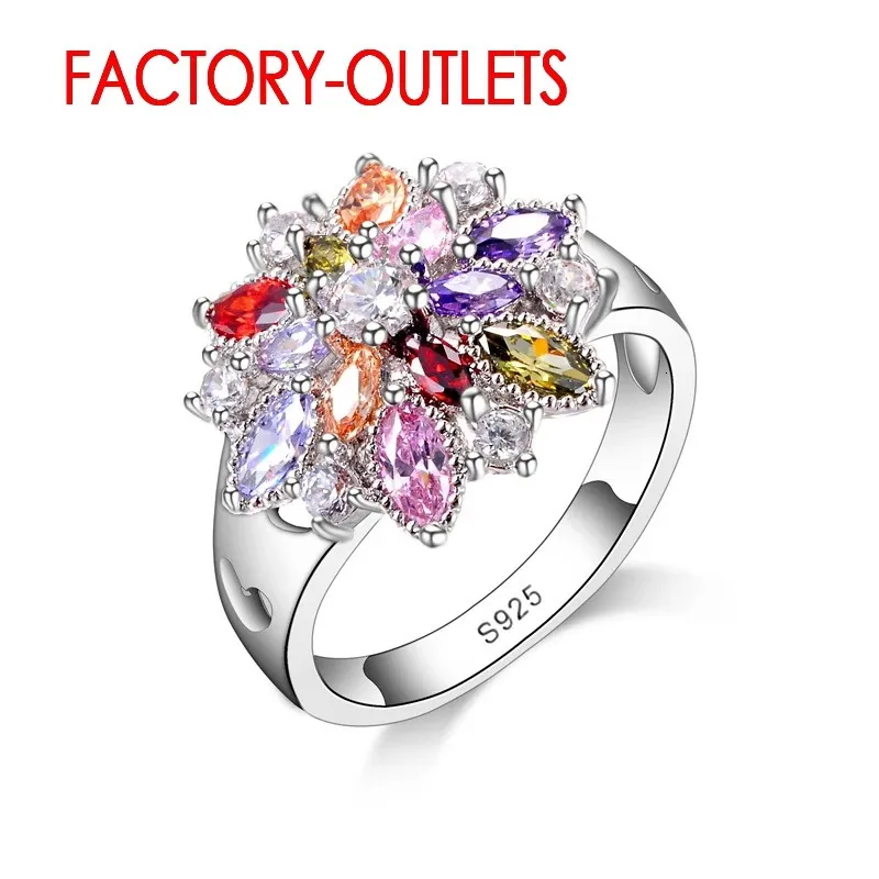 Band Rings 925 Sterling Silver Ring Fashion Jewelry Colourful Cubic Zirconia Flower Design Cute Style Women Girls Party Engagement 231024