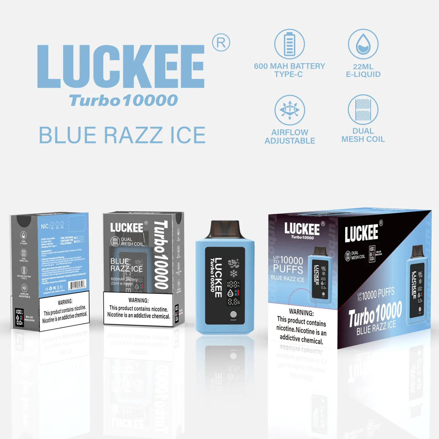 LUCKEE TURBO 10000 puffs 22ml e-liquid 600mAh battery Type-c rechargeable dual mesh coil TURBO mode with LED indicator with airflow adjustable