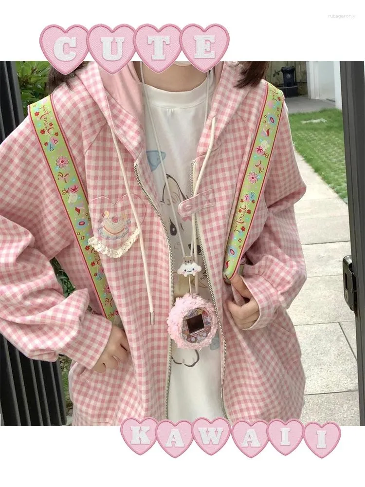 Kvinnors jackor qweek japansk y2k söt rosa jacka kvinnor harajuku kawaii rutig zip upp hoodie överdimensionerad lolita flickig koreansk huva