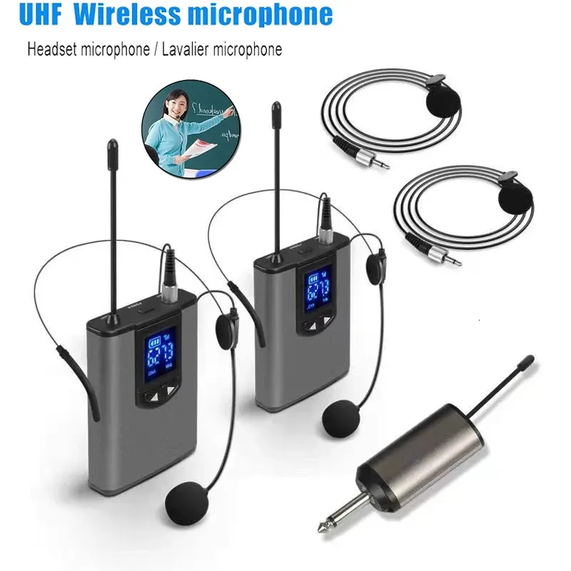 Walkie Talkie UHF Portable Wireless Headset/ Lavalier Lapel Microphone With BodyPack Sändare och mottagare 1/4 tums Output Live Performer 231023