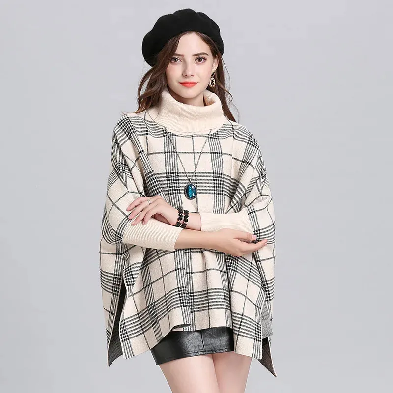 Cape femme Doux femmes tricotées Capes Plaid Jacquard Ponchos lâche col de tortue pulls dame décontracté fête élégant hauts 231023