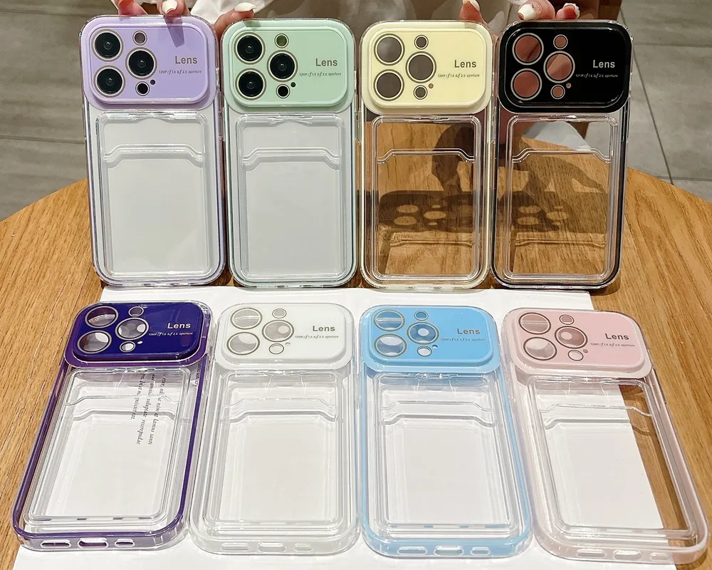 Étuis en TPU souple avec poche pour cartes pour iPhone 15 Plus 14 Pro Max 13 12 11 Protecteur d'objectif d'appareil photo Grande grande fenêtre Boîte de fente pour carte d'identité de crédit Couverture arrière transparente transparente pour téléphone portable