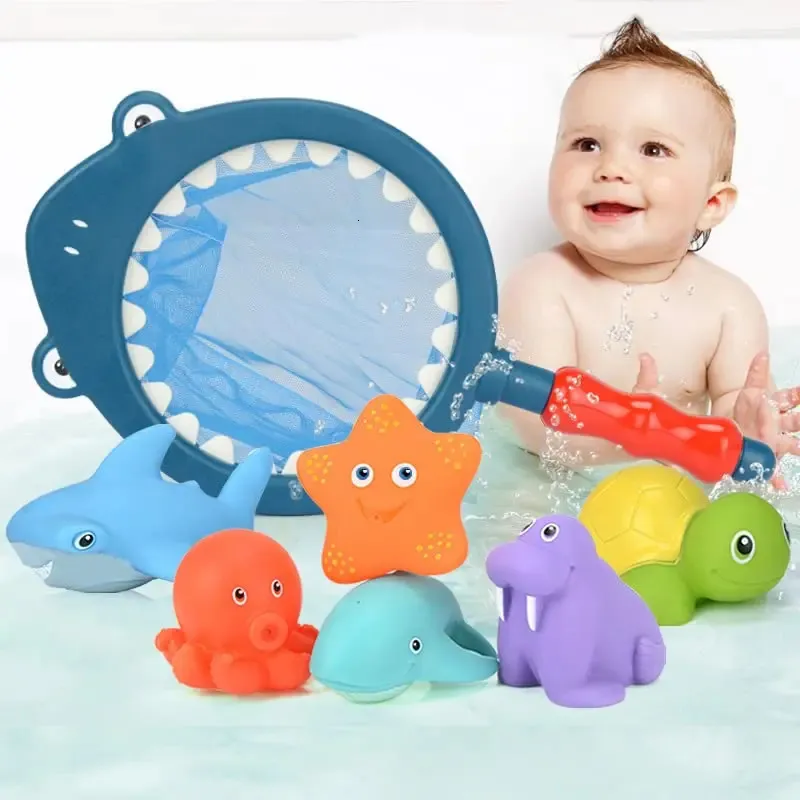 Baby Bath Toys Pool Baby Bath Toys Water Spraying Floating Animals Bathtub Toy Kids Game Fish Net Swimming Spela för badrumsminnesgåvor 231024