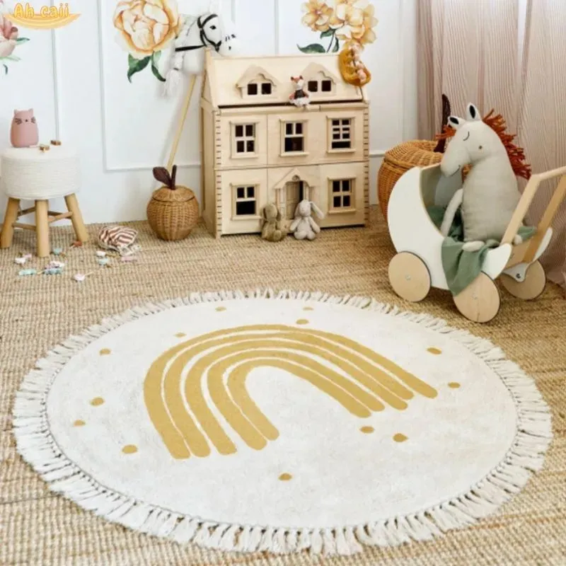 Rainbow Fluffy Nursery Carpet With Tassels Soft White Plush Rug For