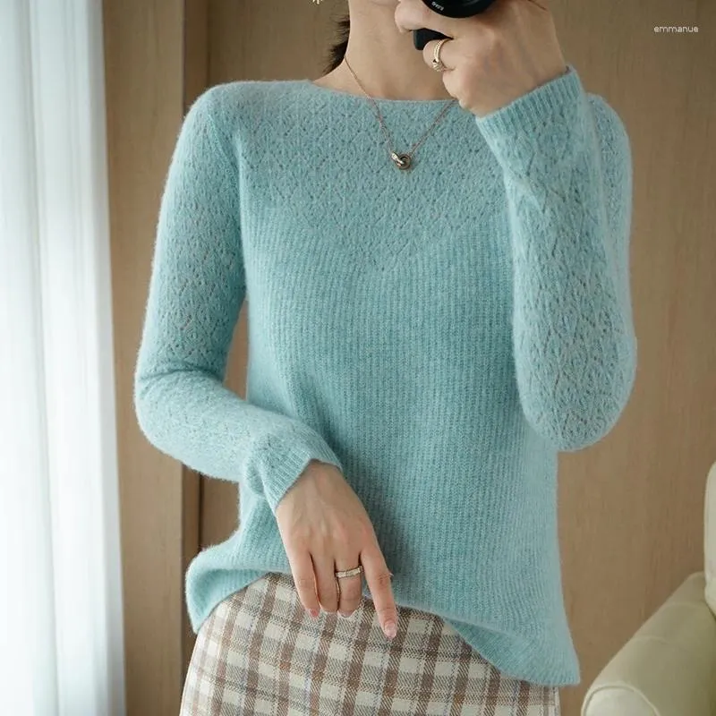 Женские свитера BARESKIY, кашемировый свитер с круглым вырезом, женский пуловер 2023, короткий полый свободный вязаный низ, рубашка