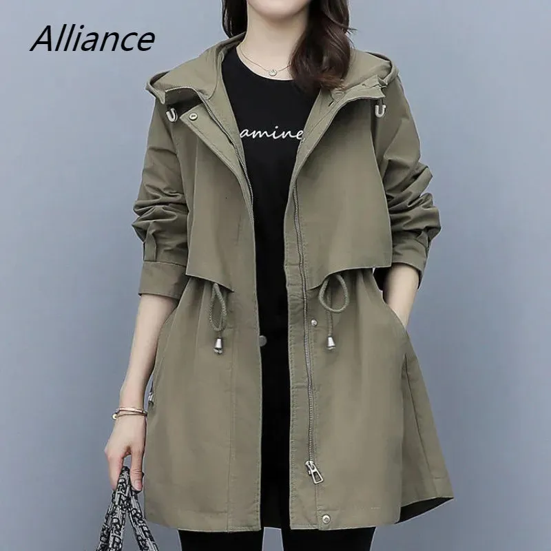 Womens Trench Coats Spring and Autumn Midlength Coat Hooded Zipper Tiein Jackets British Style Loose Clothing 231023