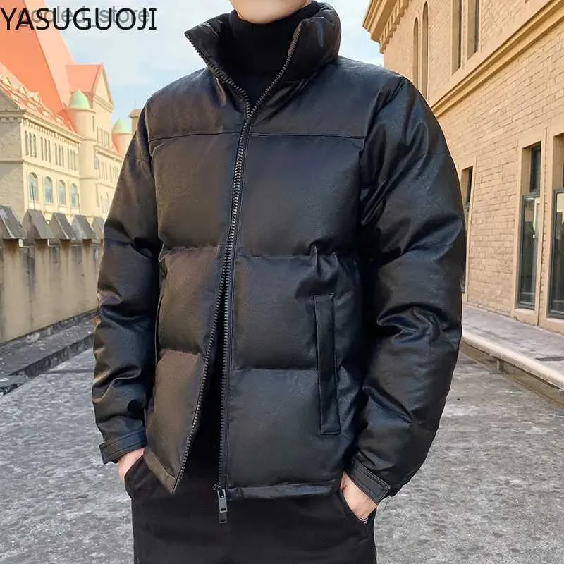 Men's Down Parkas YASUGUOJI Fashion Stand Collar Men's Pu Leather Cotton Padded Jacket Slim Fit Winter Coat Men Parka Thicken Puffer Jacket Men Q231024