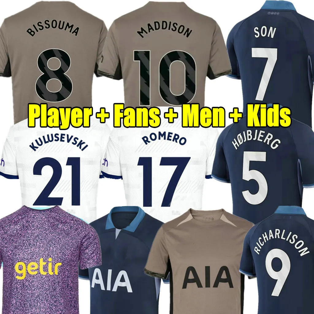 Maddison 23 24 Son Bergwijn Soccer Jerseys 2023 2024 Kane Football Shirt Third Hojbjerg Loris GK målvakt Romero Bryan Kulusevski Bentancur Men Kids Perisic