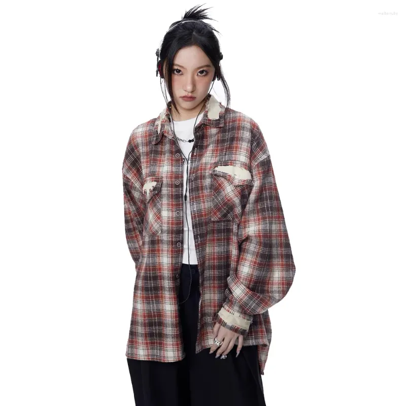 Women's Blouses Women Streetwear Fashion Hip Hop Oversize Loose Casual Long Sleeve Plaid Shirts City Boy Gril Men Vintage