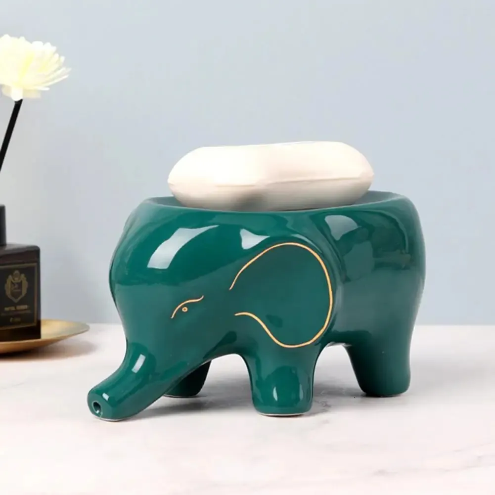 Tvålrätter Elefant Shape Soap Dish Holder Ceramic Soap Box With Drain Water Soap Tork Rack Svamp Dry Soap Container Badrum Tillbehör 231024