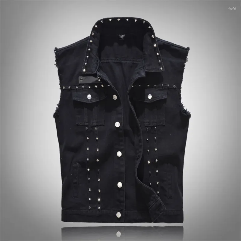 Coletes masculinos preto denim colete rasgado sem mangas jeans jaqueta homens casual colete algodão gilet tanque cowboy hip hop rebites streetwear