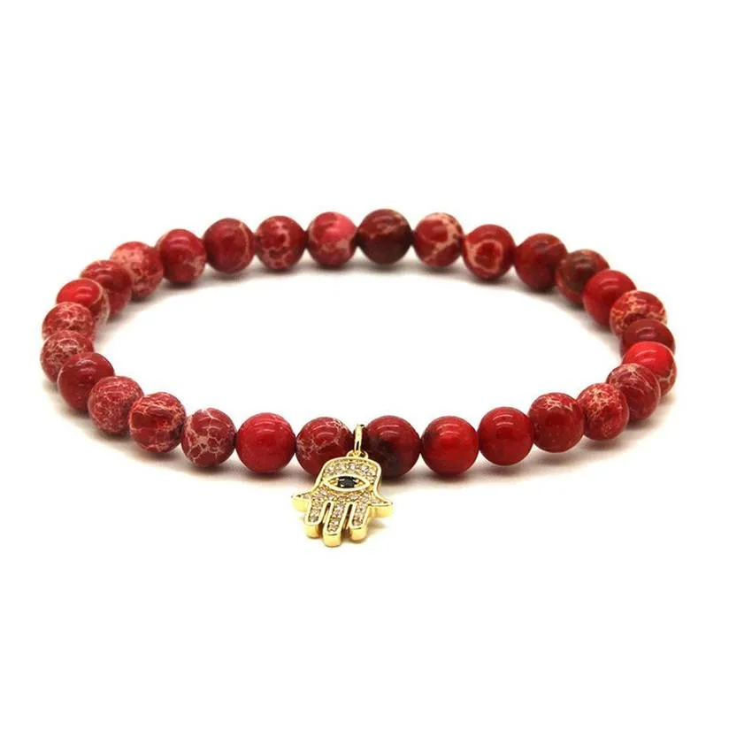 Joyería entera para mujer, cuentas de piedra Imperial de sedimento del Mar Rojo de 6mm con microincrustaciones de circonitas, pulseras de mano de Fátima Hamsa 2994