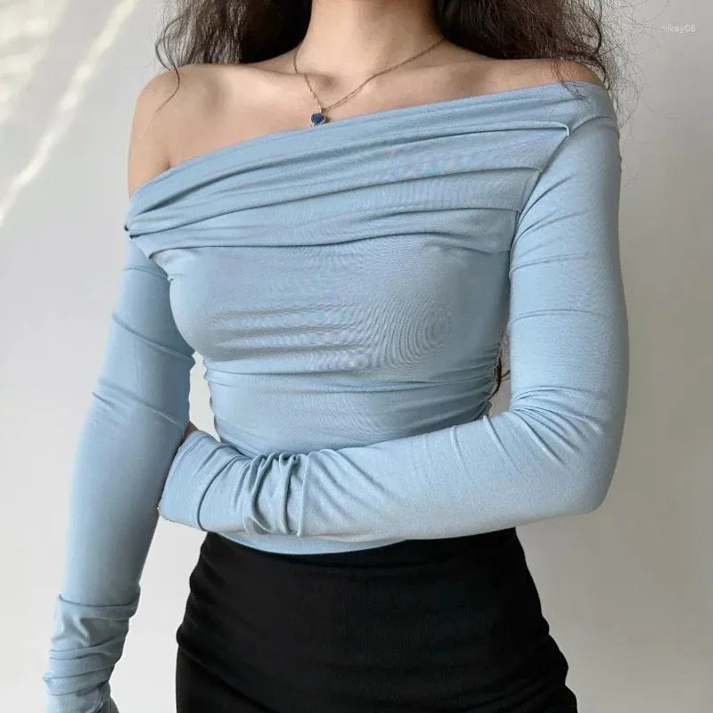 Women's T Shirts T-shirt Off-Shoulder Long-Sleeved Pleated Spring And Autumn Slim-Fit Short Bottoming Top Black White Blue Fashion Casual