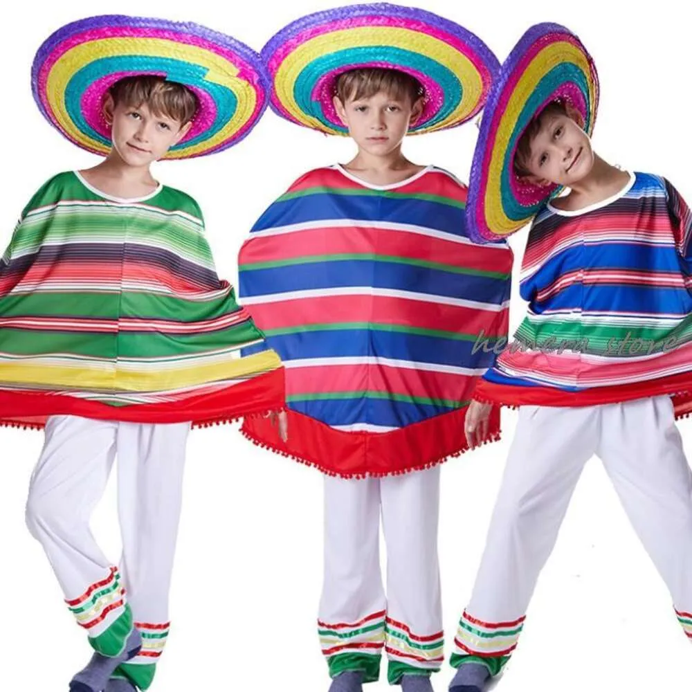 Cosplay Cadılar Bayramı Meksika Etnik Gümrük Cosplay Costume Çocuk Stripe Pelerin Pelerini Şal Saman Şapka Çocuklar Erkek Kız Masquerade Ball Takım