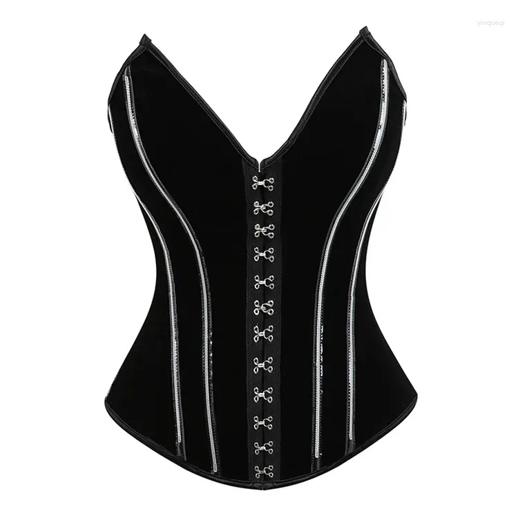 Bustiers Corsets Femmes Sexy Rayé Overbust Sous-Vêtements Robe Velours Boucle En Métal Vintage Taille Formateur À Lacets Shaper Top Noir