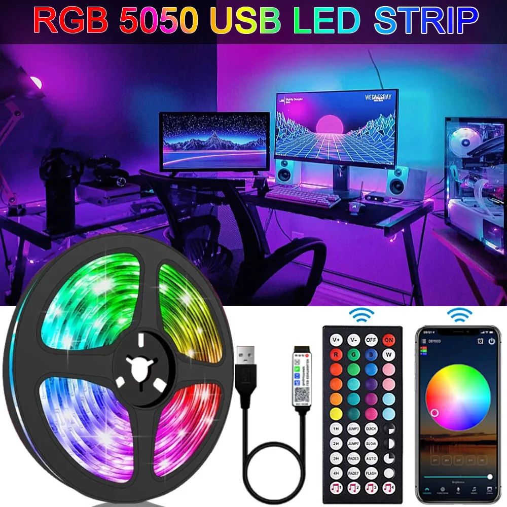 RGB 5050 LED Şerit Işık Uzaktan Uygulama Kontrol TV Arka Işığı PC Oyun Odaları için USB 5V ile Esnek 231025