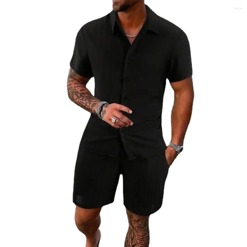 Mäns avslappnade skjortor 2023 Tracksuit Polo Lapel Shirt Shorts Sleeve and Short Pant 2 Piece Set Social Streetwear Elegant Male Clothing