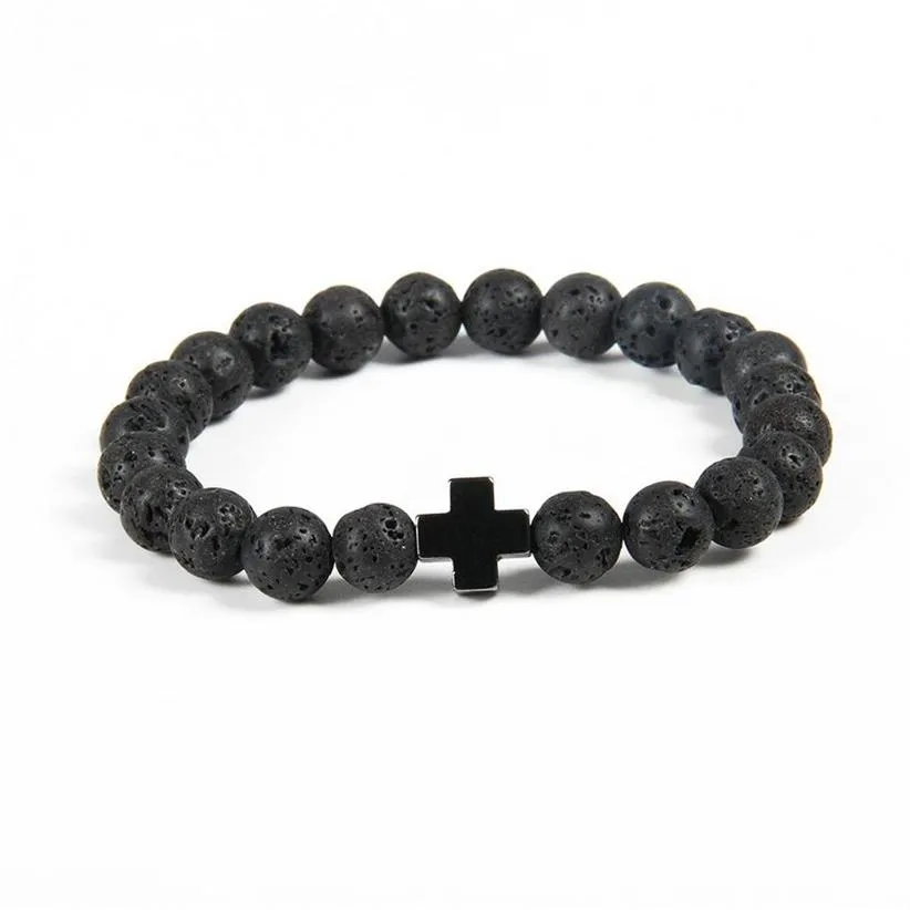 Nieuwe Ontwerp Armband Hele 10 stks veel 8mm Kwaliteit Lava Kralen met Hematiet Royal Cross Jesus Bracelets243Y