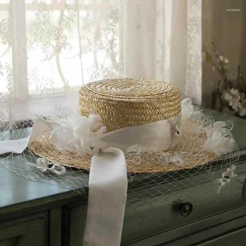 Berets Wide Brim Straw Hat Fascinators Women Flower Gauze Bow Mesh Sombrero Cap Bride Summer Spring Sun Fascinator