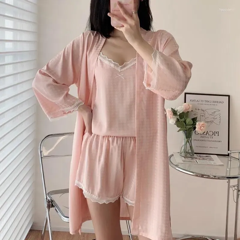 Women's Sleepwear 3PC Pajamas Set Sexy Bathrobe Strap Top&Shorts Sleep Suit Women Robe Intimate Lingerie Summer Satin Home Wear Outfits