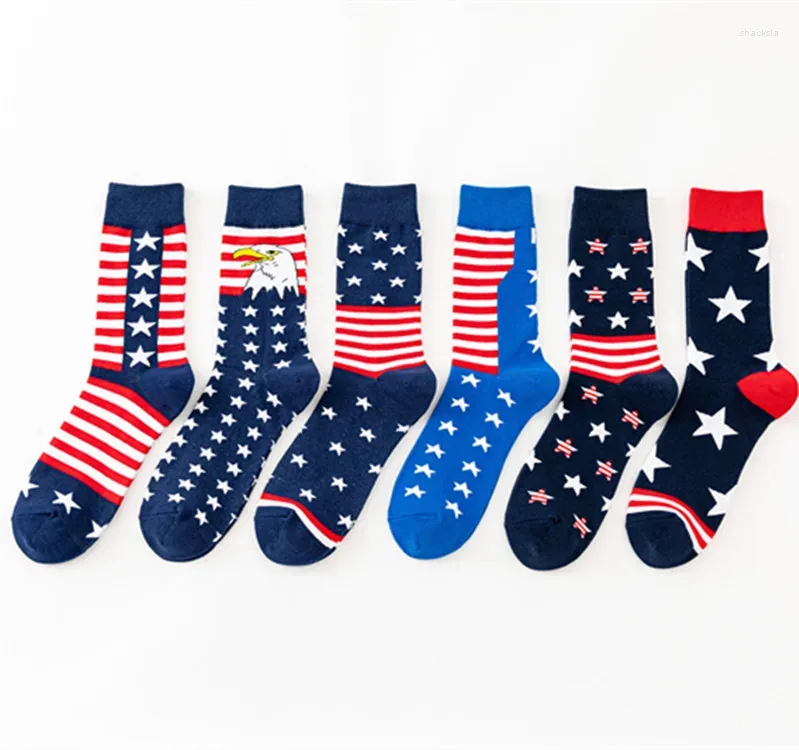 Chaussettes longues en coton pour hommes et femmes, 6 paires, drapeau américain, mode de loisirs, vente en gros, automne et hiver