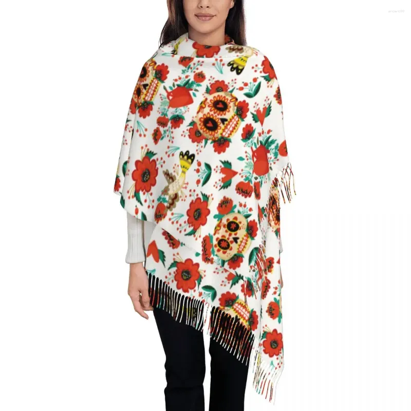 Sciarpe Sciarpa con nappa da donna Teschio di zucchero Halloween Messicano Lungo inverno Scialle caldo e avvolgente Stile folk Pashmina reversibile