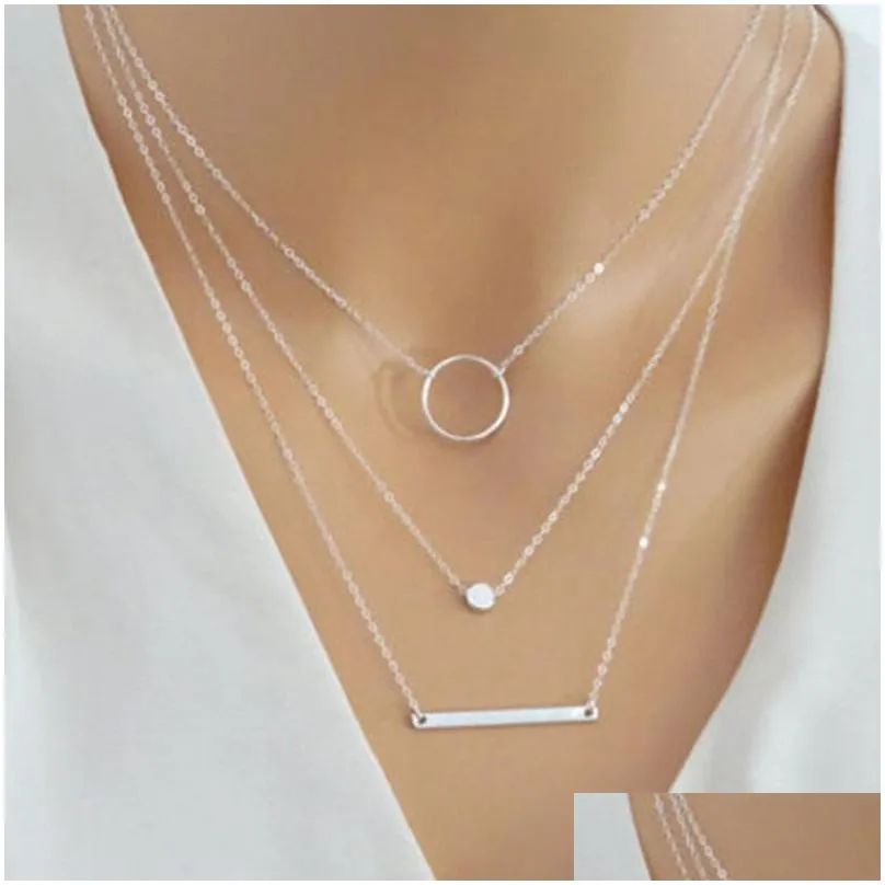 Hanger Kettingen Fashion Statement Mtilayer Ketting Mti-Element Metalen Staaf Cirkels Geometrische Ronde Chokers Kettingen Dames Sieraden Dr Otg1H