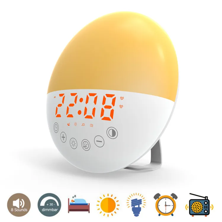 Hot koop nachtlampje wekker analoge zonsopgangklok digitaal display wake-up klok fm-radio kleur dubbel alarm wake-up light