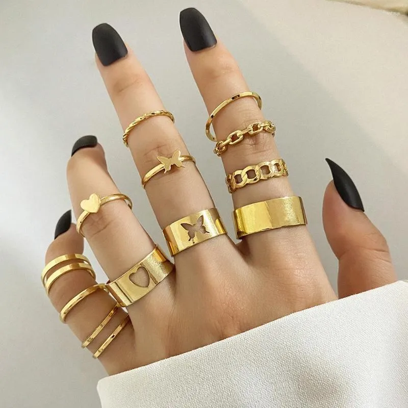 Кольца кластера золотого цвета, металлический набор в стиле панк для женщин, бабочка, сердце, геометрическая полая цепочка, кольцо на палец, модные ювелирные изделия, подарок