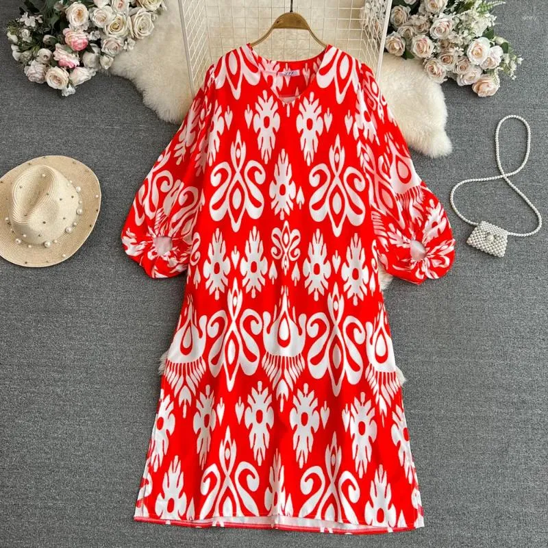 Casual Dresses 2023 Autumn Vintage Floral Print Women Dress V Neck Lantern Sleeve Loose Waist A Line Side Split Long Plus Size