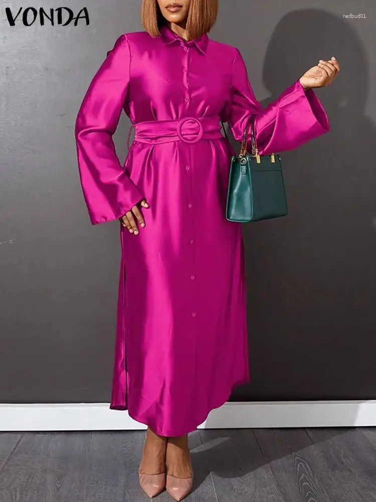 Повседневные платья VONDA, женский вечерний сарафан с длинными рукавами, элегантное платье макси, осень 2023, атласный шелк, свободные пуговицы с лацканами, платья с поясом