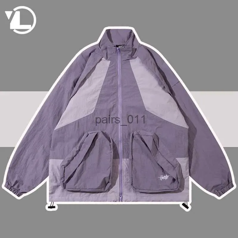 Giacche da uomo Giacca patchwork viola da uomo Cappotto tascabile sportivo oversize Bomber unisex Capispalla Primavera Autunno High Street Colletto alla coreana Frangivento YQ231025