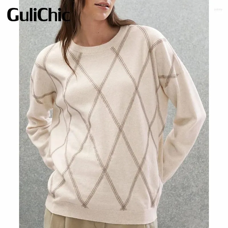 Suéteres de mujer 9.4 GuliChic Mujeres Moda Argyle Cadenas Cashmere Punto Suelto Jersey Suéter