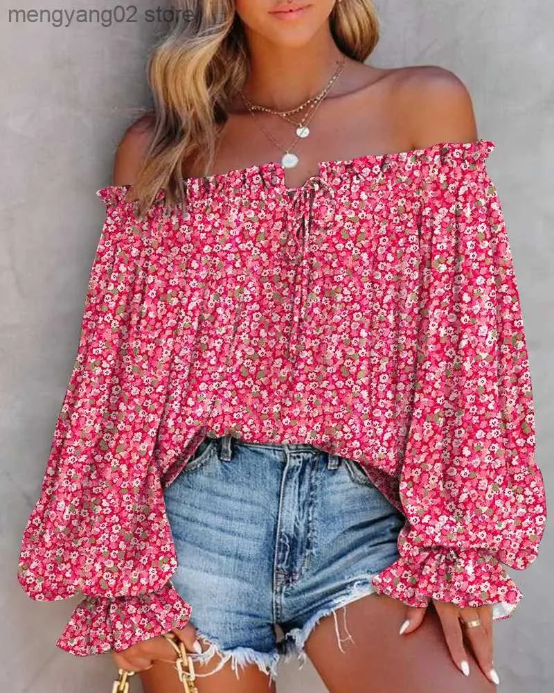 Women's Blouses Shirts Fashion Pink Ditsy Floral Print Off Shoulder Lantern Sleeve Top Tied Detail Daily Summer Women's Blouse Tops Mujer T231025