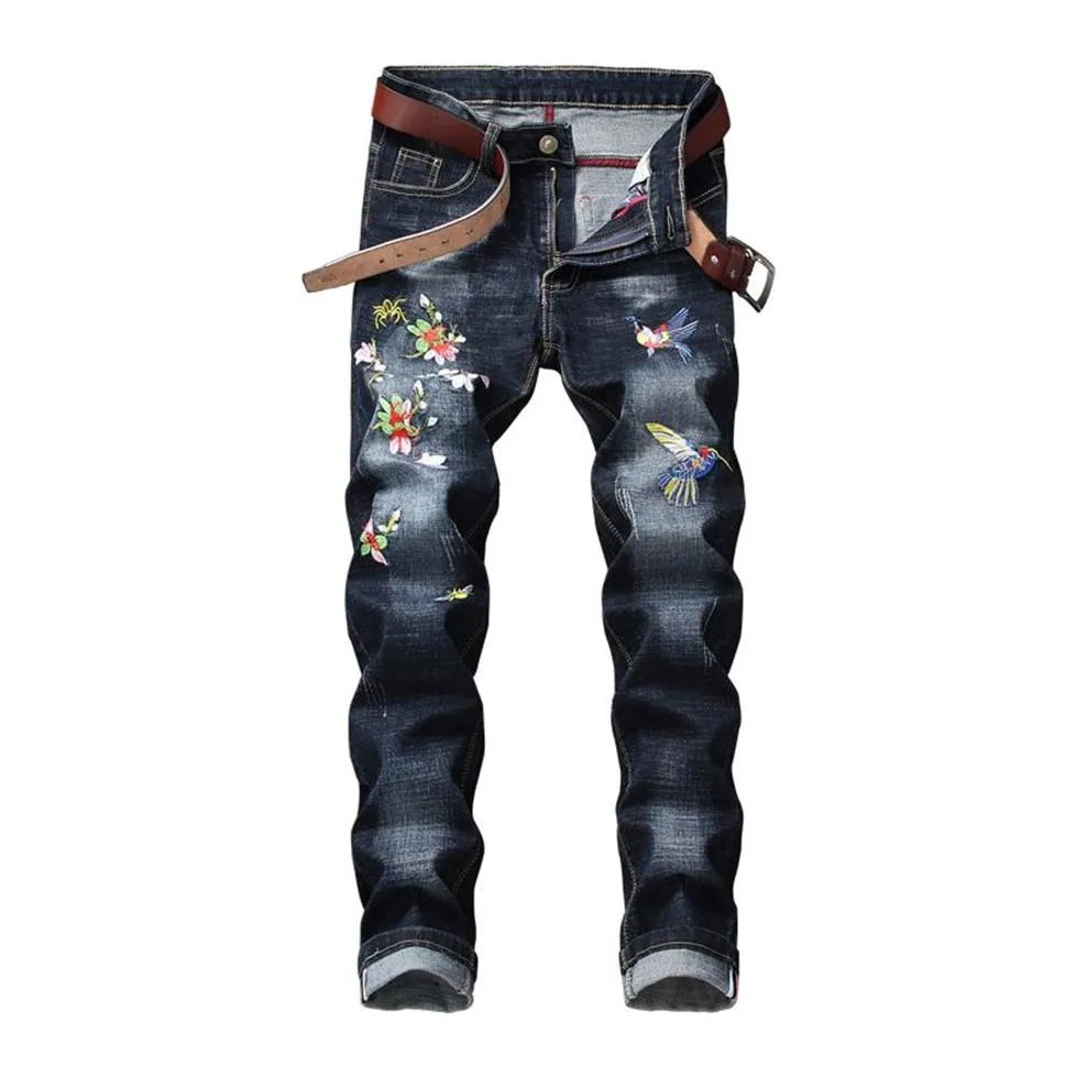 Jeans pour hommes Hommes Style Floral Broderie Pleine Longueur Denim Pantalon Droit Piste Mode Lavé Élastique Pantalon236r