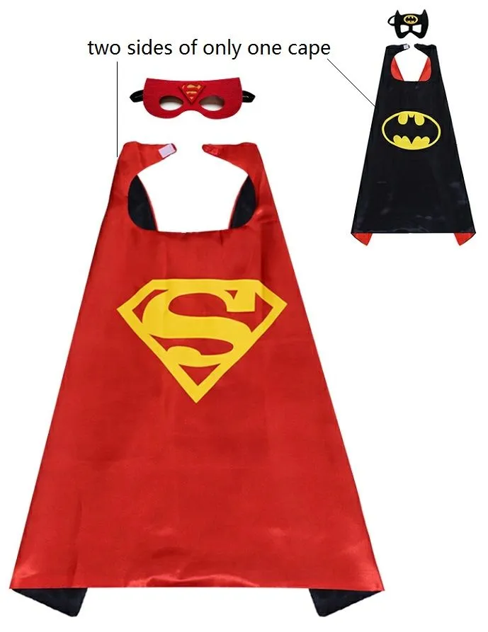 Nuovo ruolo bifronte Supereroe Mantello in raso stampato fronte-retro Costumi di Natale di Halloween per bambini Bambino per 3-12T Cartoon Movie Cosplay Bomboniere