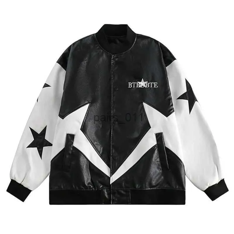 Men's Jackets Star Embroidery Patched PU Leather Jacket Men's Casual Loose Coat Couple Street Motorcycle Baseball Uniform Chaquetas Hombre YQ231025