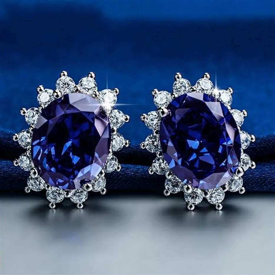 Prinsessan Diana bröllop örhängen smycken riktigt solid 925 Sterling Silver Oval Blue Sapphire Gemstone Earrings Gift for Women Girlf328V