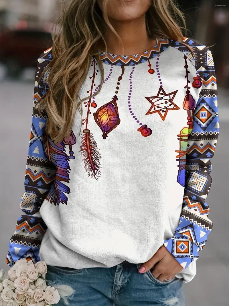 Women's Hoodies Plus Size Ethnic Style Sweatshirt Aztec & Tribal Print Long Sleeve Crew Neck Slight Stretch Pullover C