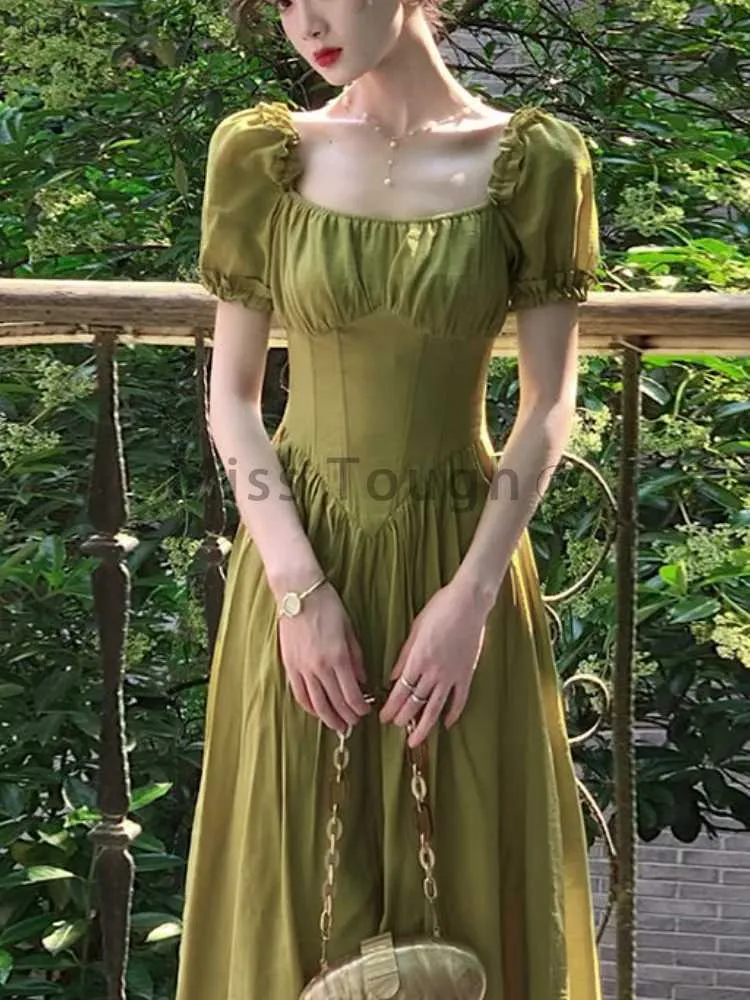 Basic Casual Dresses Green Korean Style Elegant Party Women Bubble Sleeve France Vintage One-piece Dress Retro Fairy Summer 2023 YQ231025