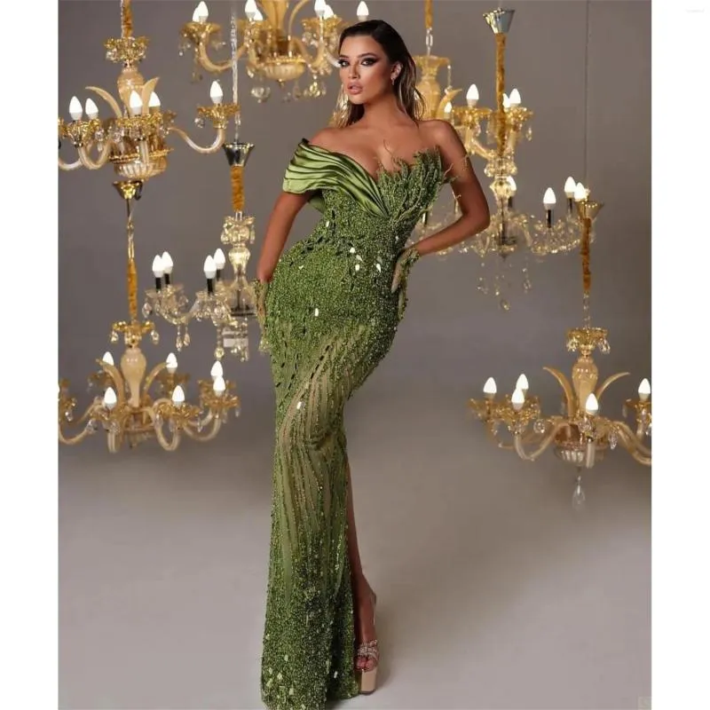 Partykleider Kadisua Grünes Abendkleid, wunderschön schulterfrei, bodenlang, geteilt, Perlen, Pailletten, Kristall, V-Ausschnitt, elegant, formell