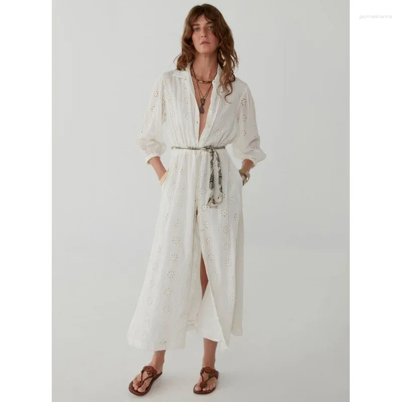 Casual Dresses 2023 Vintage Style Maxi Dress Hollow Out Romantic Cotton White Button Down Brodery Hook Mujer