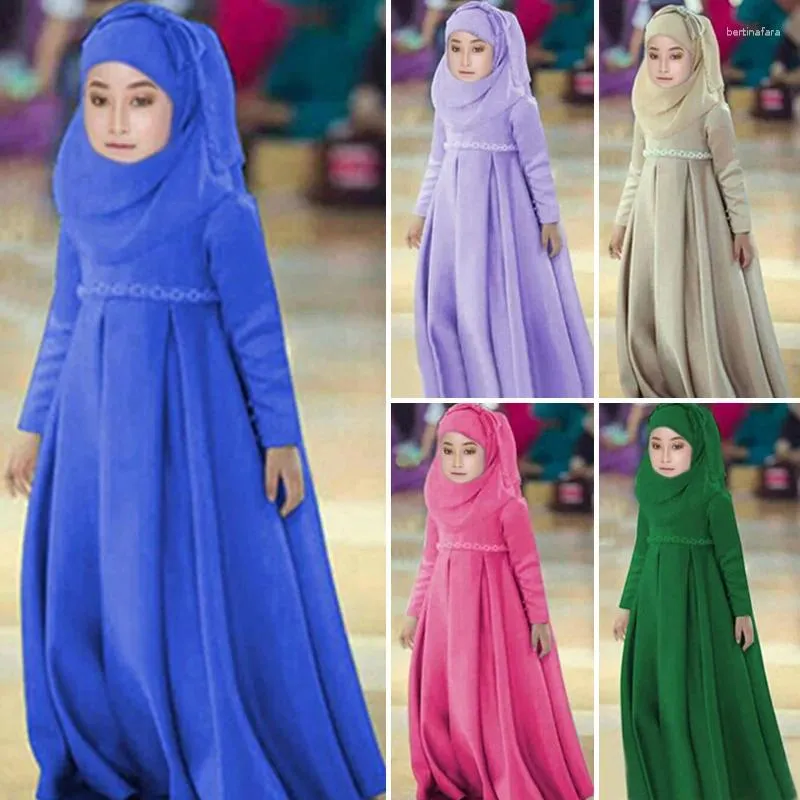 Ethnic Clothing 3 Piece Abaya Hijab Dress Girls Muslim Scarf Bow Robes Prayer Sets Niqab Burqa Kids Solid Loose Abayas Islamic Ramadan