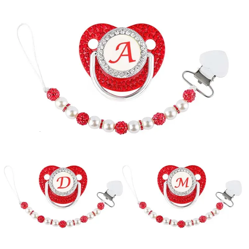 Fopspenen bijtringen rode zirkoon luxe baby fopspeen clip 26 letters geboren gepersonaliseerde kralen fopspenen houder siliconen baby bijtring tepel 231025