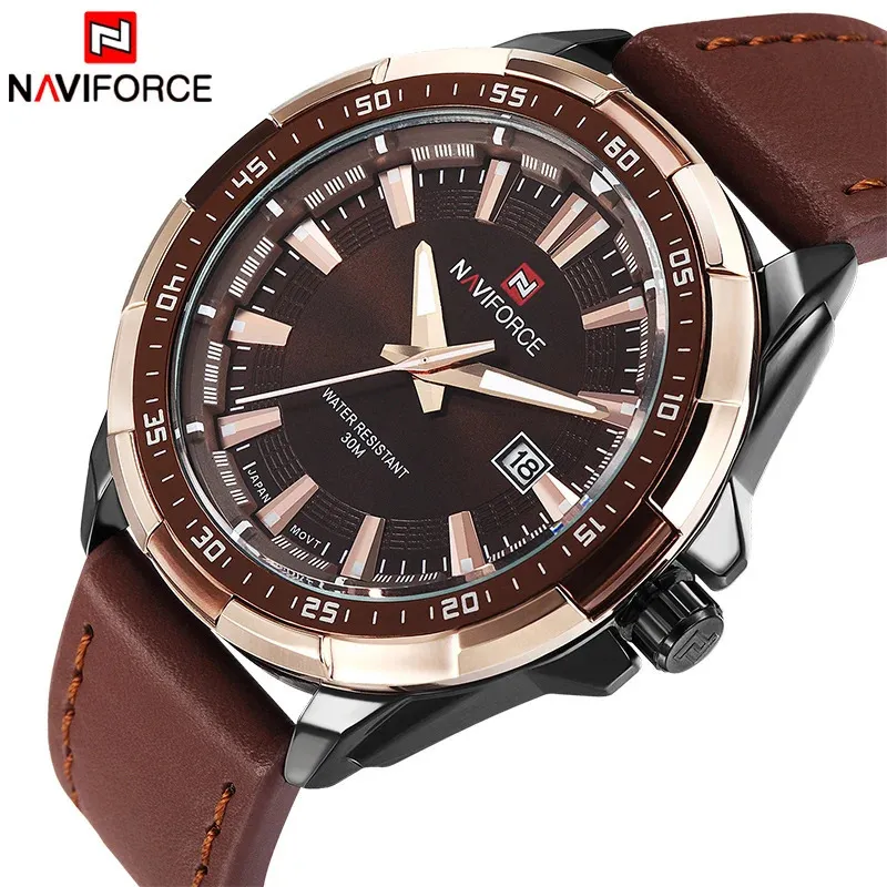 Armbanduhren NAVIFORCE Luxus Echtes Leder Herrenuhren Original Wasserdichte Sport Armbanduhr Kalender Quarz Männliche Uhr Relogio Masculino 231025